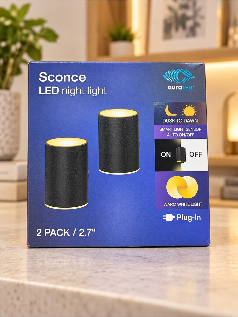 auraLED Black LED Sconce Night Lights - 2 Pack
